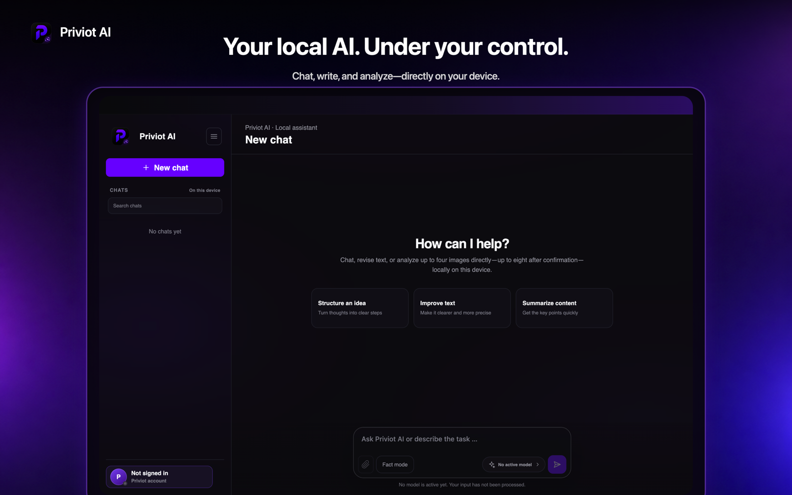 Priviot AI application with conversations, local model selection, and prompt field