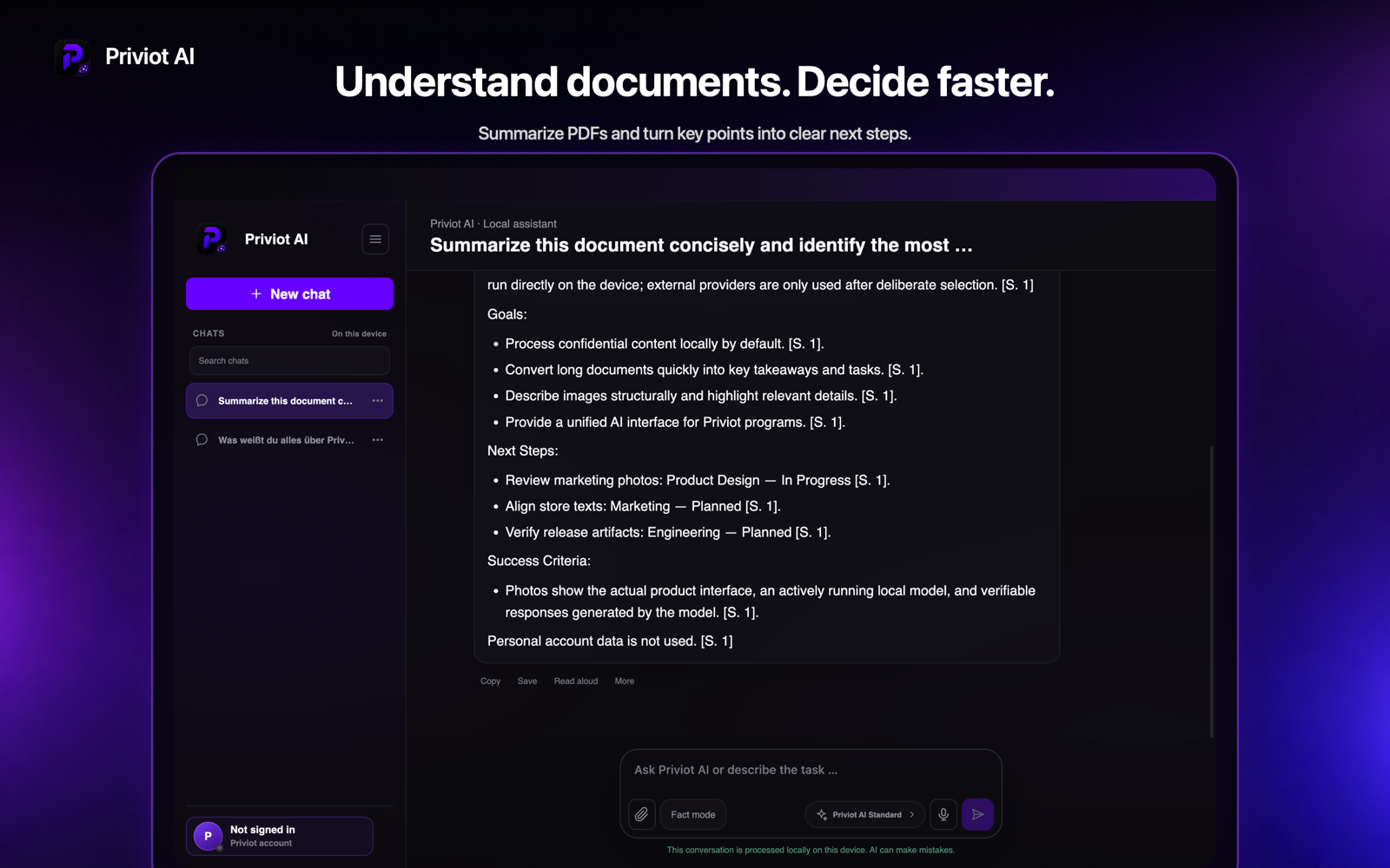 Priviot AI summarizing a document locally with Priviot AI Standard