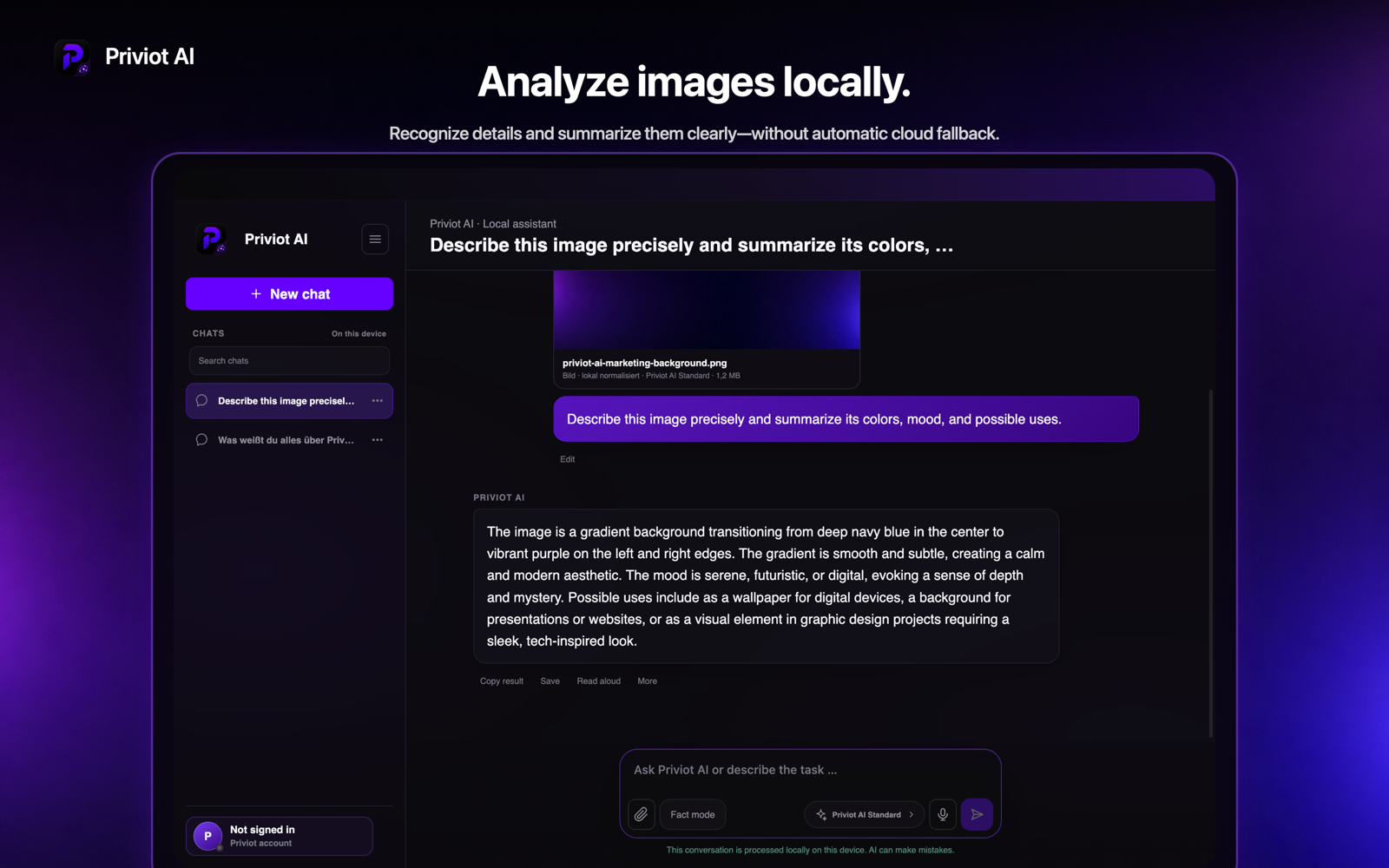 Priviot AI analyzing an image locally with Priviot AI Standard