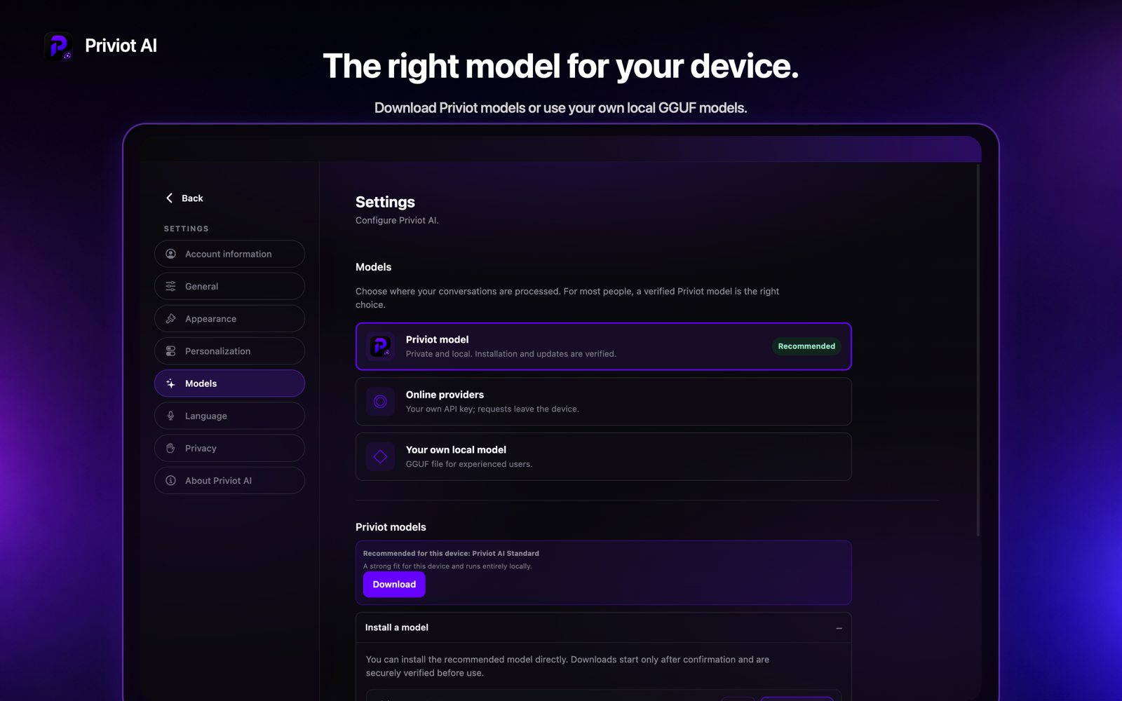 Local model management in Priviot AI
