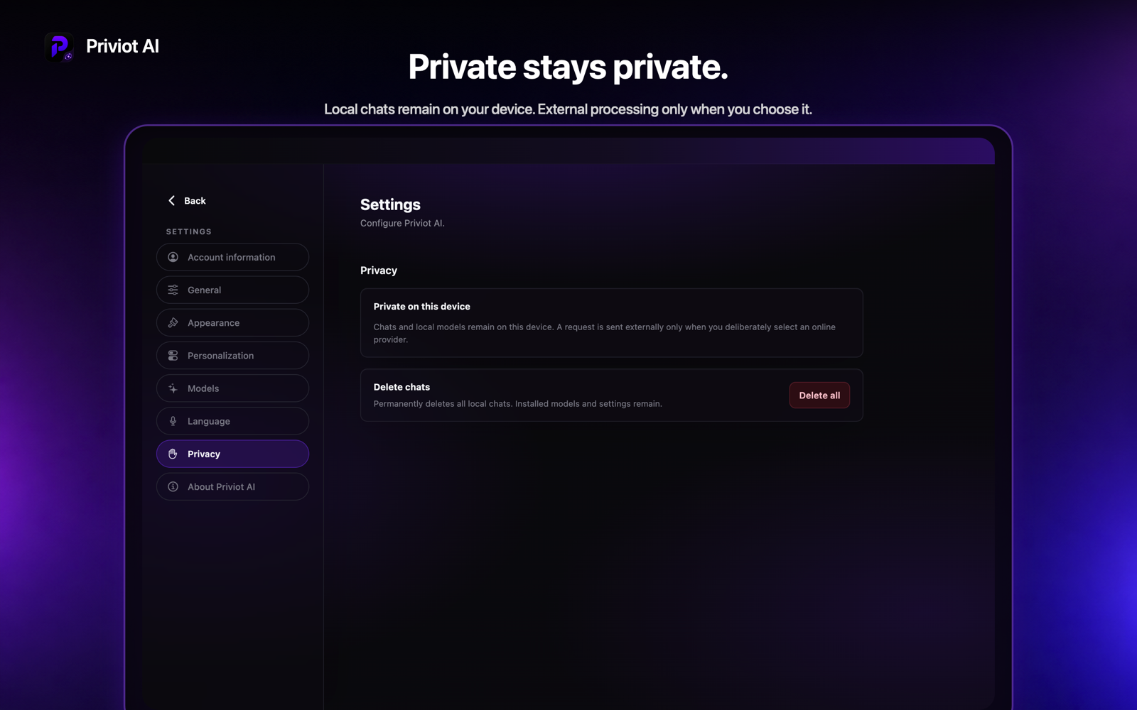 Privacy settings in Priviot AI