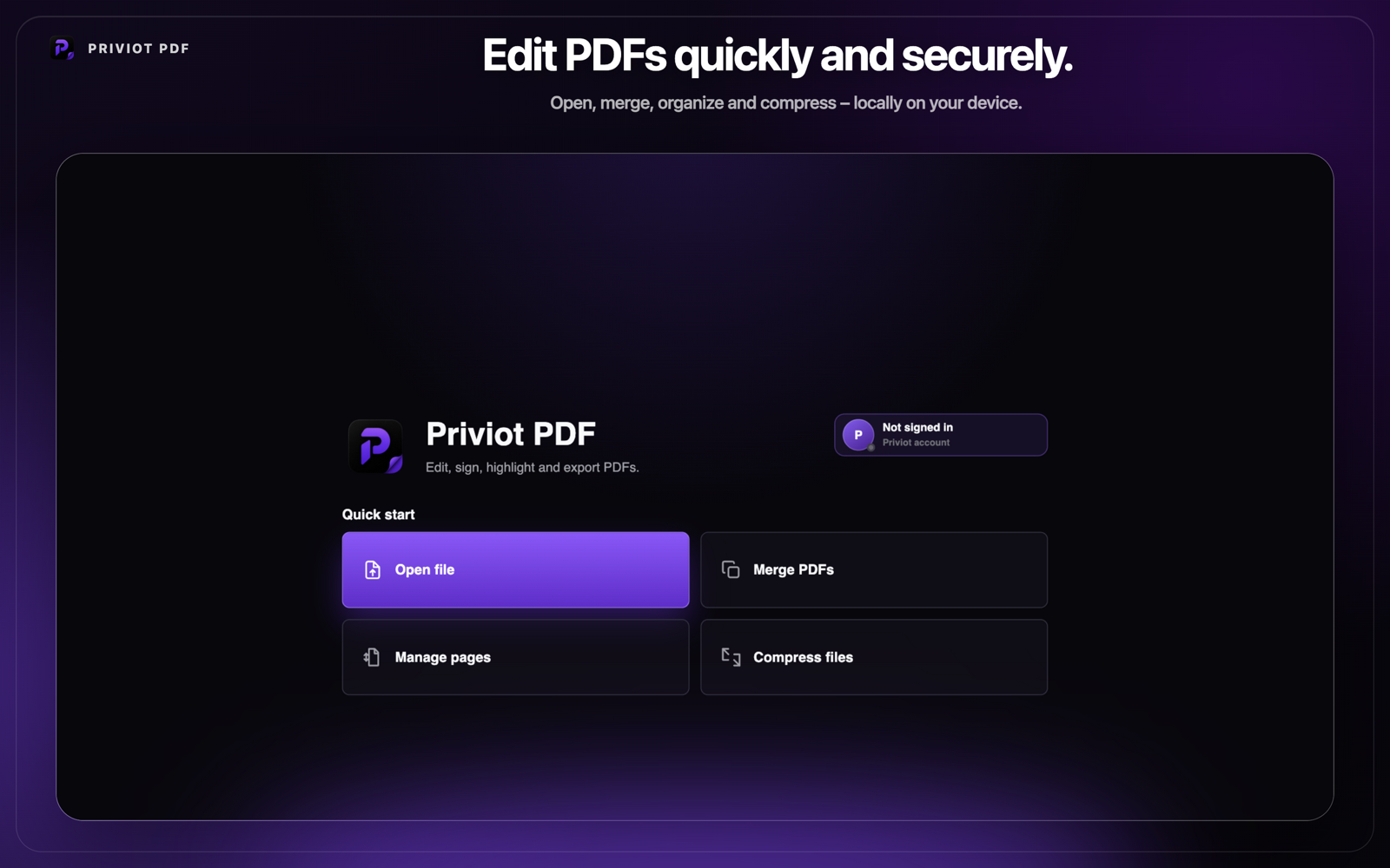 Priviot PDF symbol surrounded by symbols for documents, page management, security, and signatures