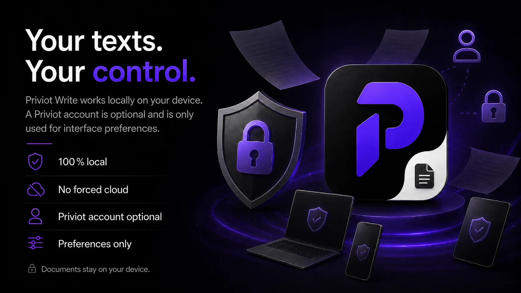 Your texts, your control: Priviot Write works locally, a Priviot account is optional